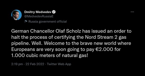 Medvedev o stopiranju Sjevernog toka: Europljani će sad plaćati ogromnu cijenu plina