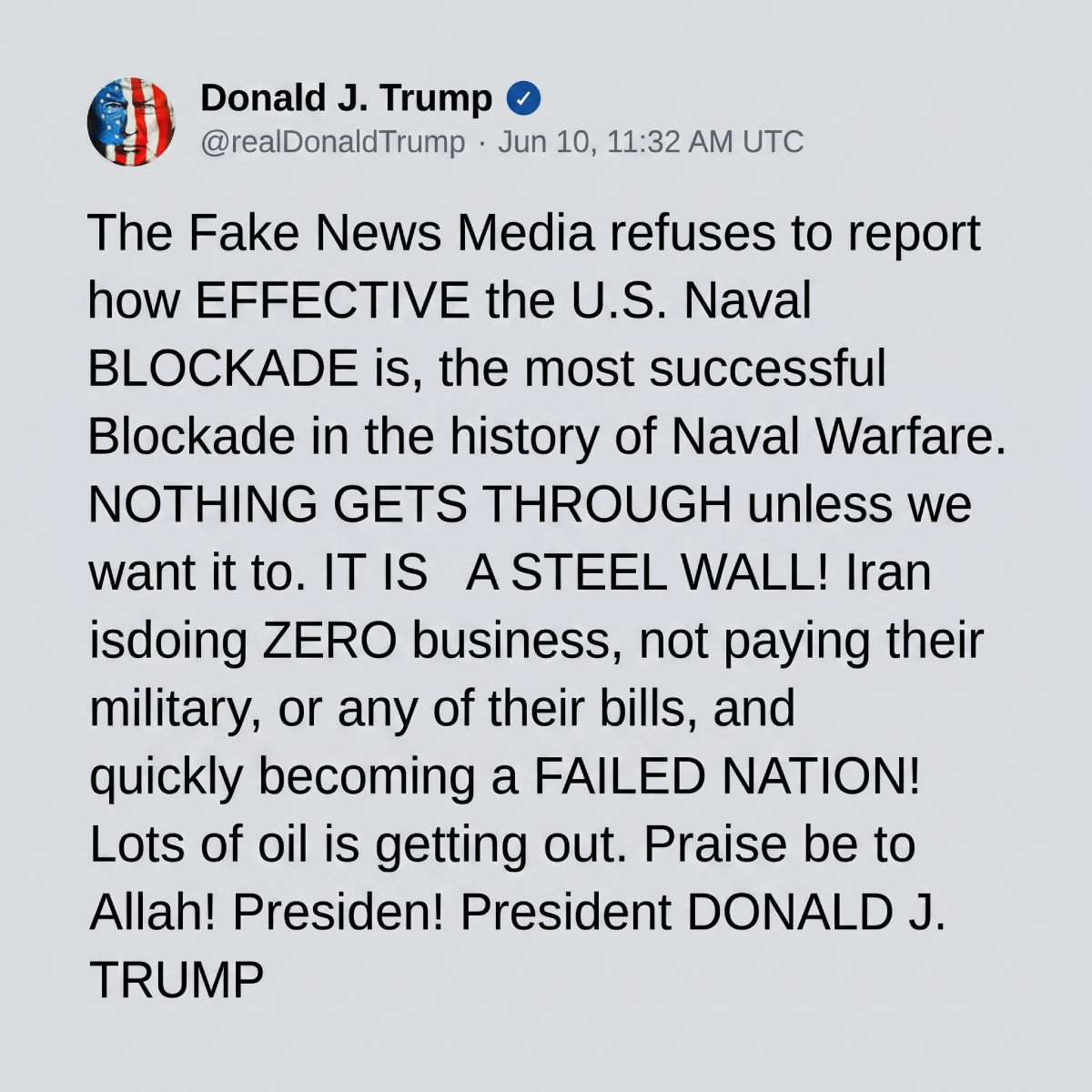 Trump: NAŠA BLOKADA JE ČELIČNI ZID. Slava Alahu!